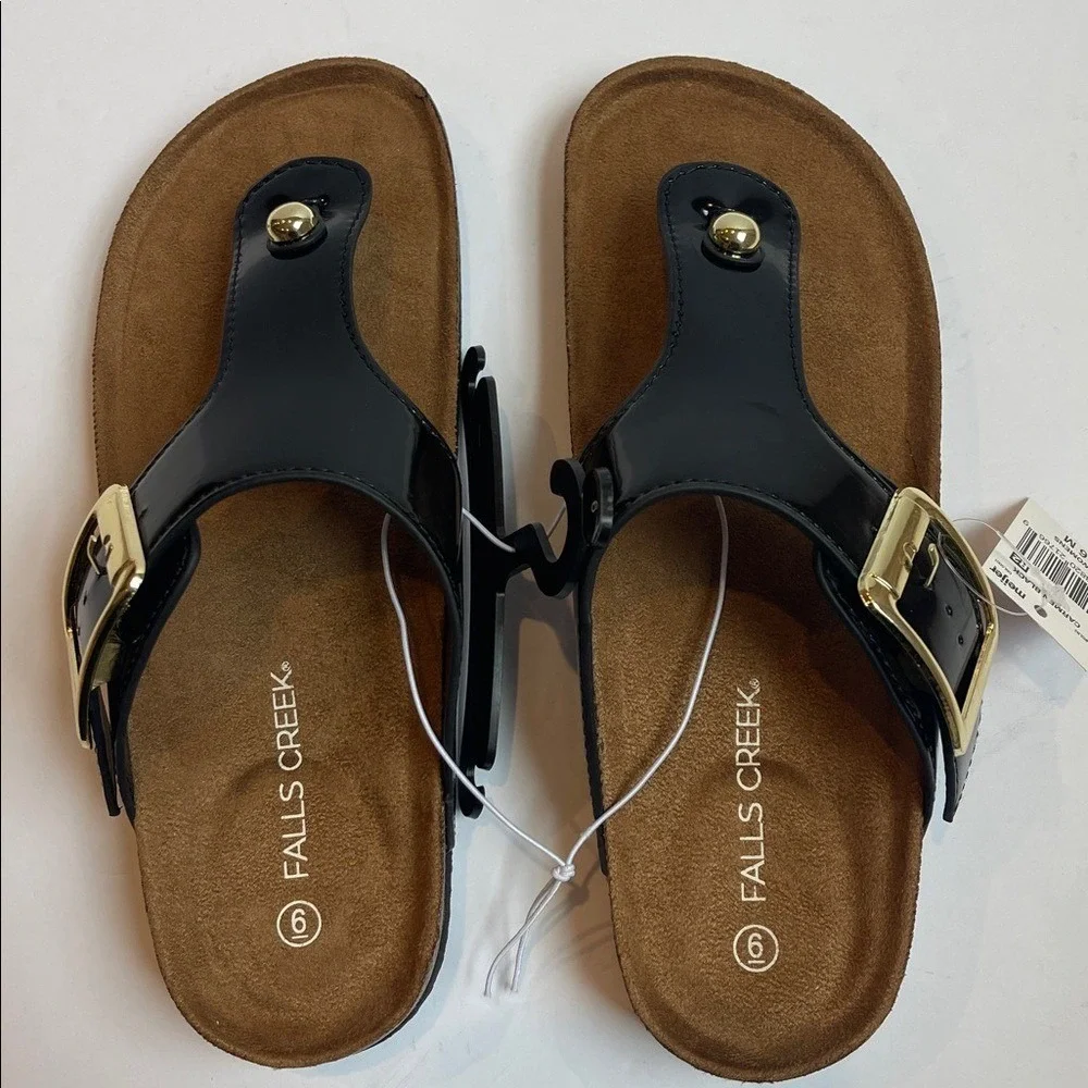 Falls Creek Slip On Black Patent Thong Buckle Sandal 6 NWT‎